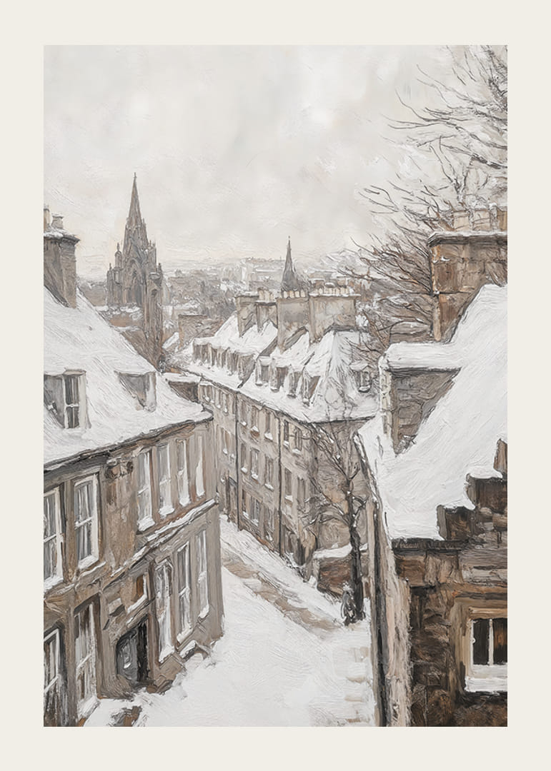 Malt vintergate med snø, steinhus og kirkespir-12