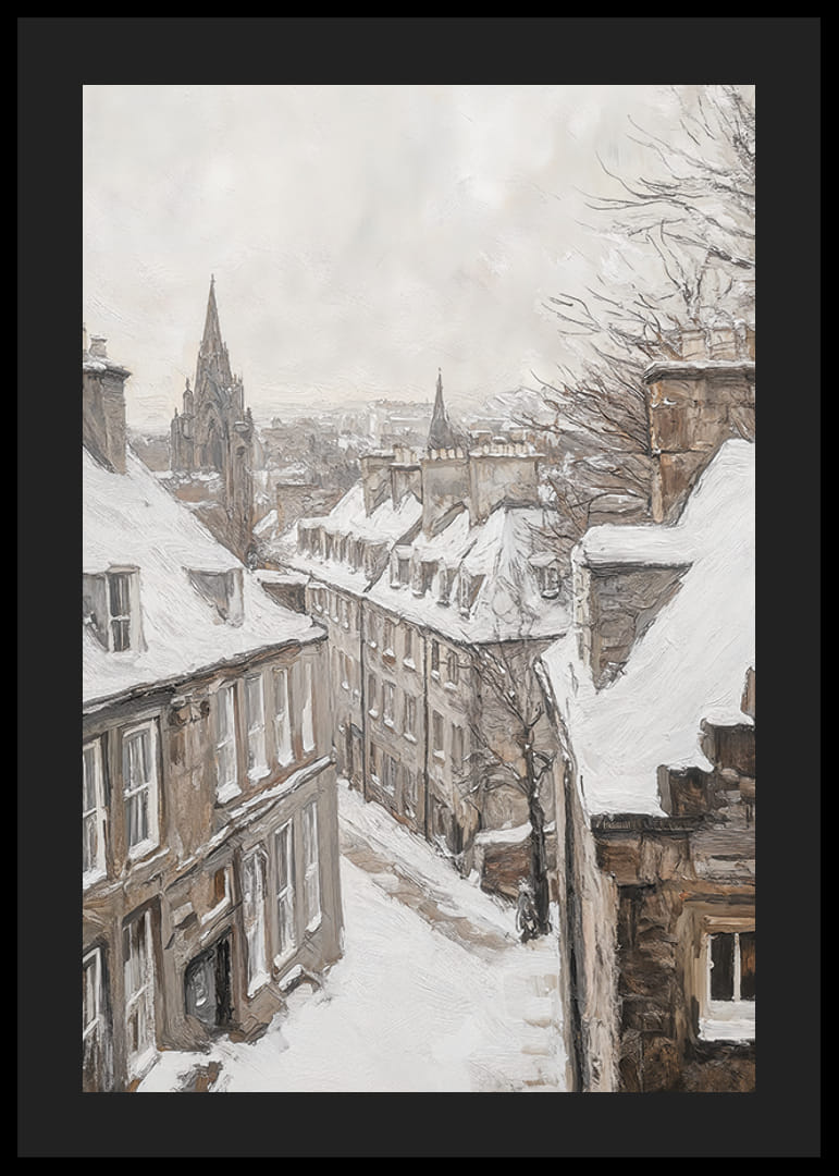 Malt vintergate med snø, steinhus og kirkespir-12