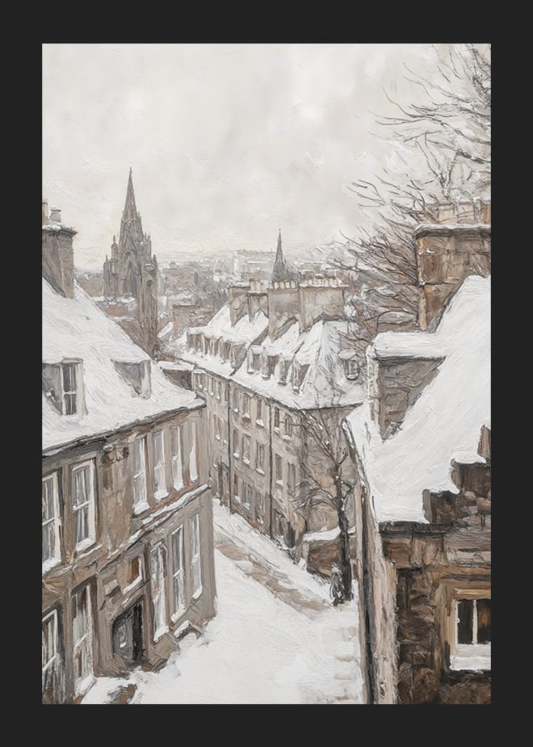 Malt vintergate med snø, steinhus og kirkespir-12