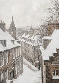 Målad vintergata med snö, stenhus och kyrkspira-7