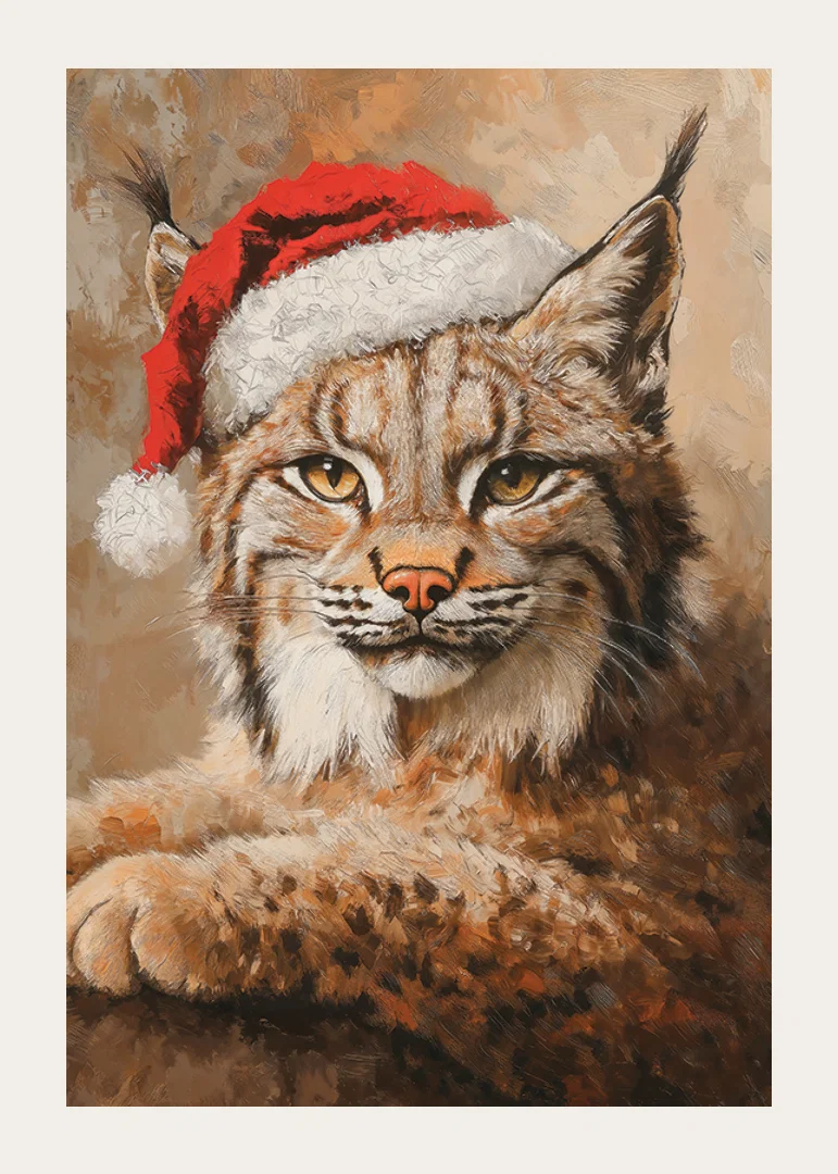 Painted lynx portrait with Santa hat in warm tones-12