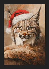 Painted lynx portrait with Santa hat in warm tones-5