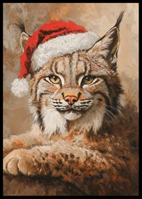 Painted lynx portrait with Santa hat in warm tones-6