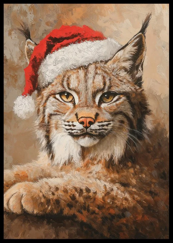 Painted lynx portrait with Santa hat in warm tones-12