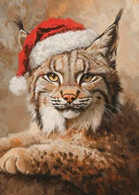 Painted lynx portrait with Santa hat in warm tones-7