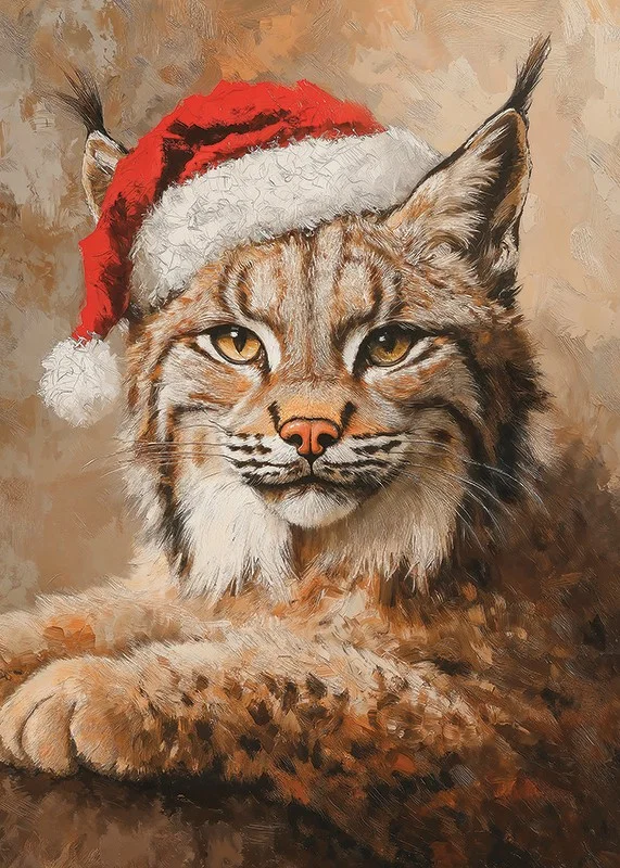Painted lynx portrait with Santa hat in warm tones-12