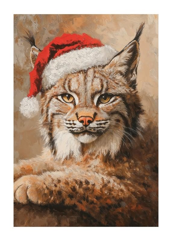 Poster met een schilderij van een lynx in kerstmuts-12