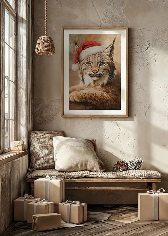 Poster met een schilderij van een lynx in kerstmuts-12