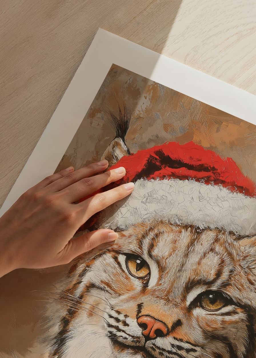 Poster met een schilderij van een lynx in kerstmuts-12