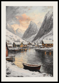 Escena invernal pintada con montañas cubiertas de nieve, fiordo y pueblo.-2