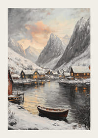 Escena invernal pintada con montañas cubiertas de nieve, fiordo y pueblo.-3