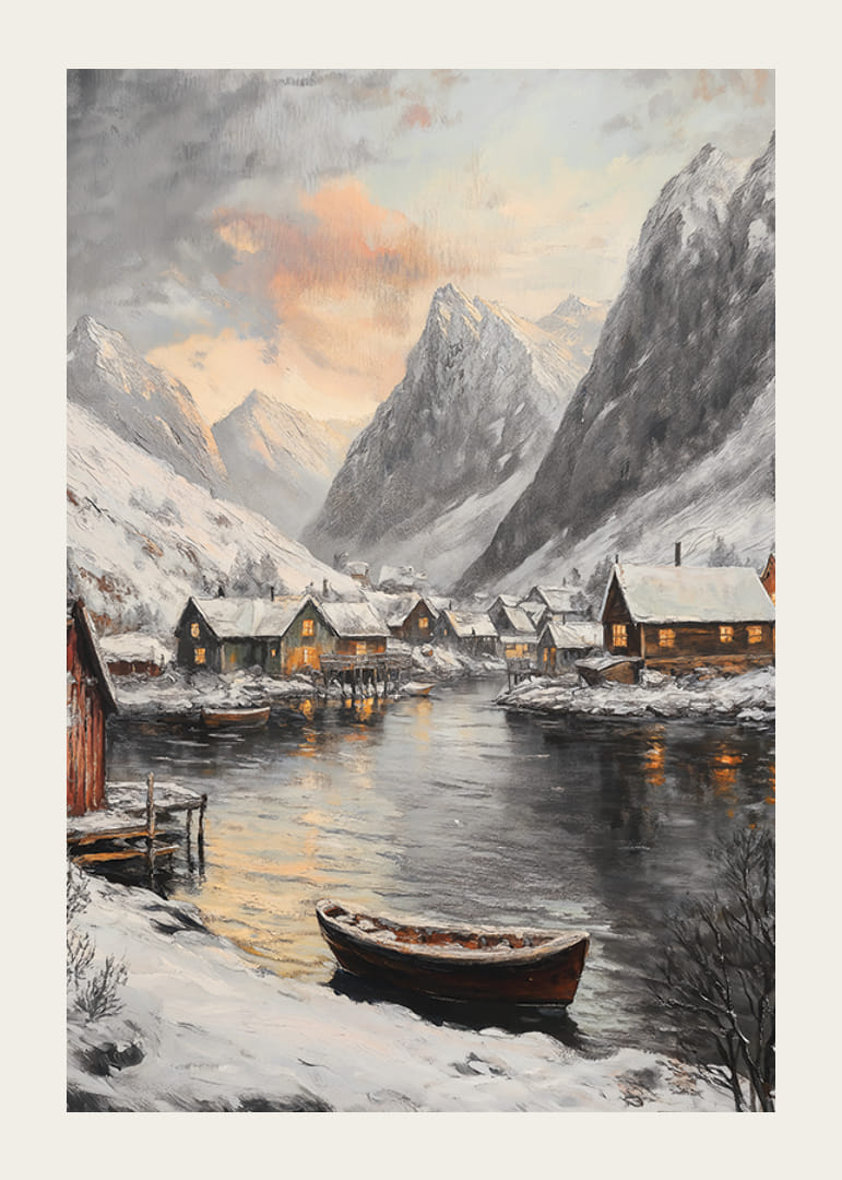 Escena invernal pintada con montañas cubiertas de nieve, fiordo y pueblo.-12