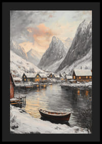 Escena invernal pintada con montañas cubiertas de nieve, fiordo y pueblo.-4