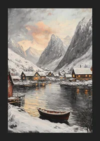 Painted winter scene with snow-covered mountains, fjord and village-5