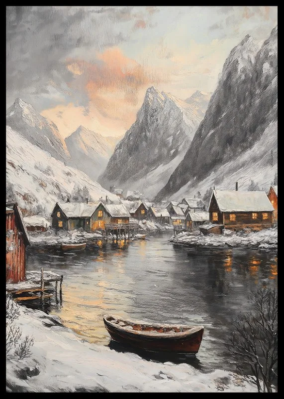Painted winter scene with snow-covered mountains, fjord and village-12