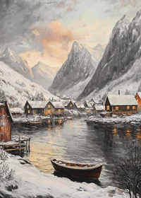 Painted winter scene with snow-covered mountains, fjord and village-7