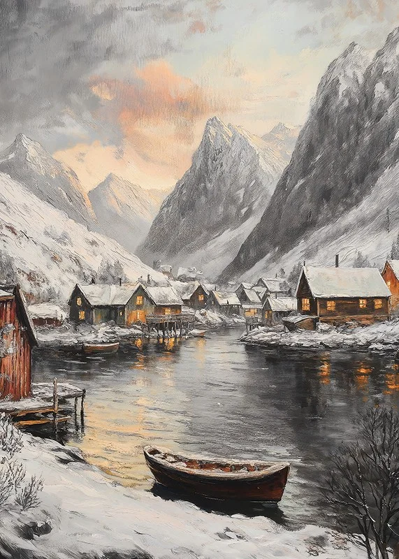 Painted winter scene with snow-covered mountains, fjord and village-12