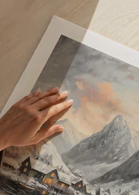Painted winter scene with snow-covered mountains, fjord and village-9