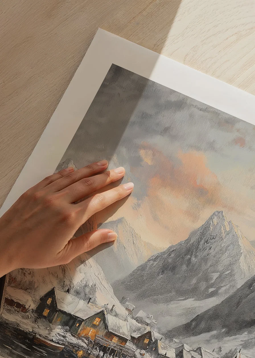 Painted winter scene with snow-covered mountains, fjord and village-12
