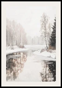 Akvarell av frusen sjö med snötäckta träd och spegling-2