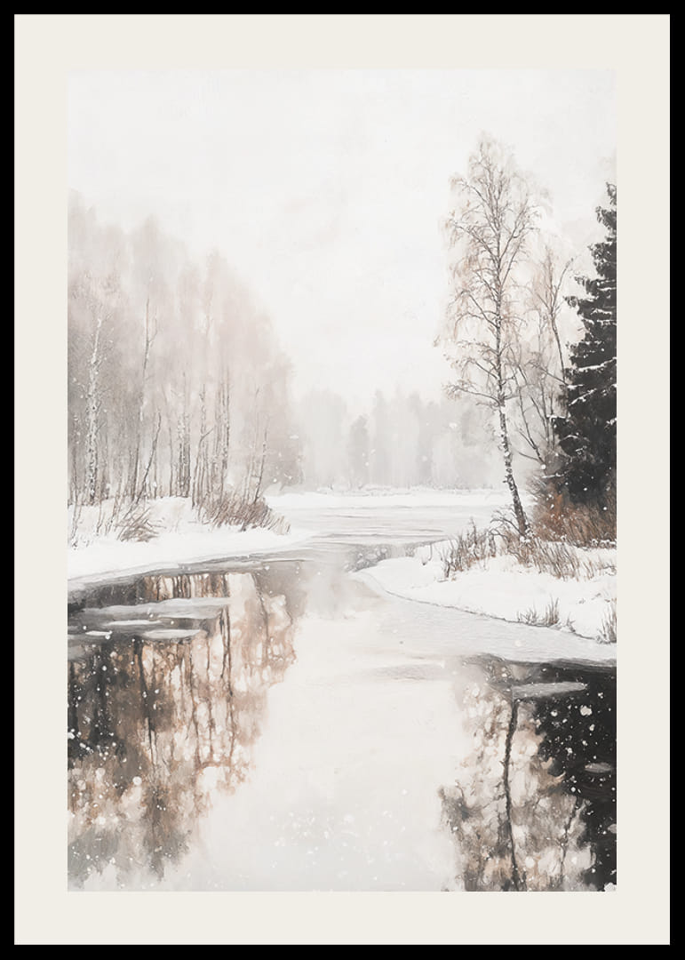 Akvarelová maľba zamrznutého jazera so zasneženými stromami a odrazom-12