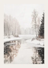 Akvarell av frusen sjö med snötäckta träd och spegling-3
