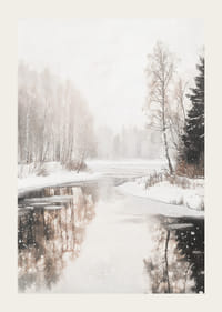 Akvarelová maľba zamrznutého jazera so zasneženými stromami a odrazom-3