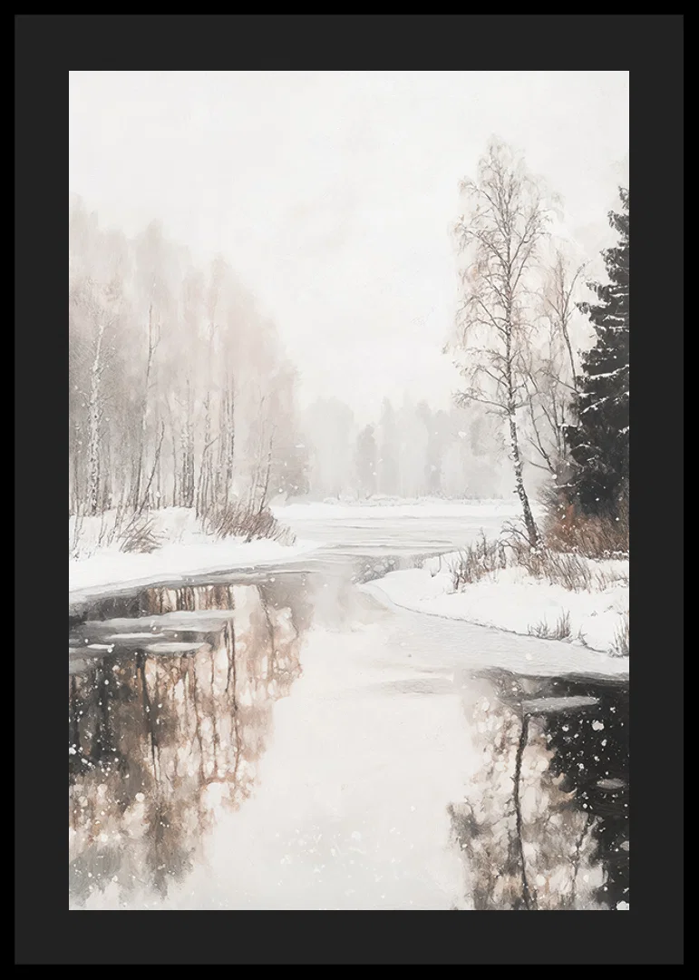 Akvarell av frusen sjö med snötäckta träd och spegling-12