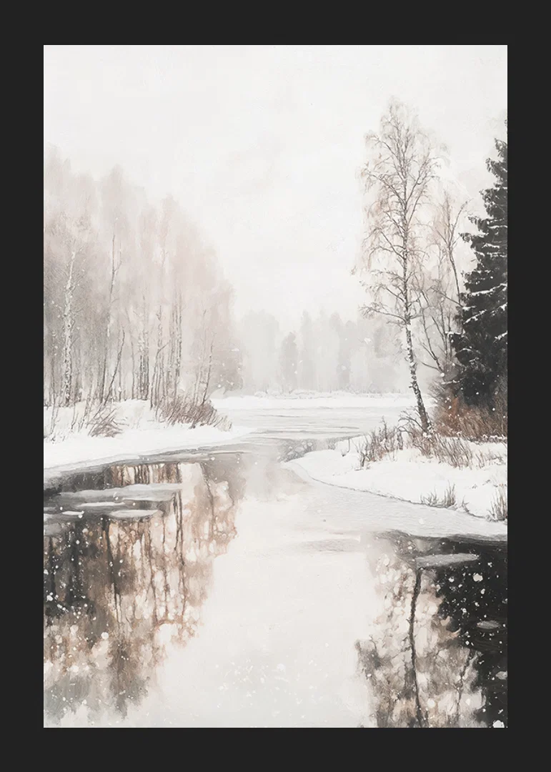 Akvarell av frusen sjö med snötäckta träd och spegling-12