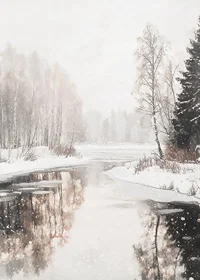 Akvarell av frusen sjö med snötäckta träd och spegling-7