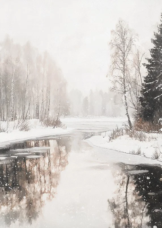 Akvarell av frusen sjö med snötäckta träd och spegling-12