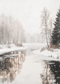 Poster with a painting of a snowy landscape by a mirror-like lake-3
