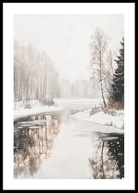 Poster with a painting of a snowy landscape by a mirror-like lake-0