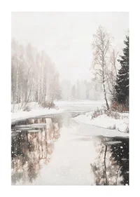 Akvarell av frusen sjö med snötäckta träd och spegling-1