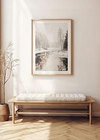 Poster with a painting of a snowy landscape by a mirror-like lake-4
