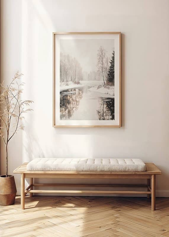 Poster with a painting of a snowy landscape by a mirror-like lake-12