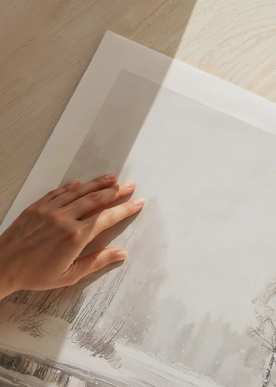 Poster with a painting of a snowy landscape by a mirror-like lake-12