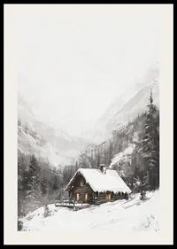 Illustrated mountain cabin with snow-covered roof and fir trees-2