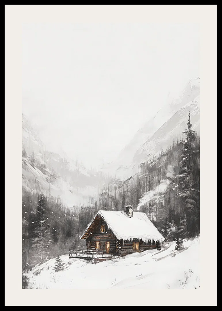 Illustrated mountain cabin with snow-covered roof and fir trees-12