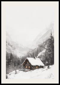 Illustreret bjerghytte med snedækket tag og grantræer-2