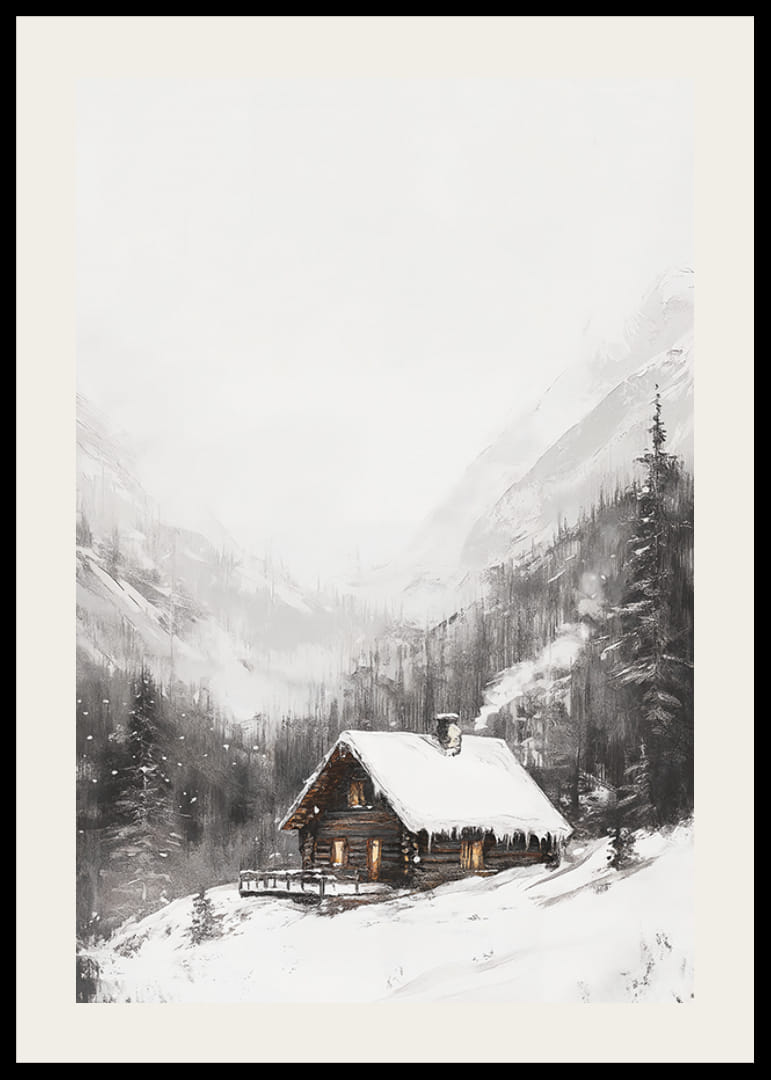 Illustreret bjerghytte med snedækket tag og grantræer-12