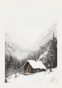 Illustrated mountain cabin with snow-covered roof and fir trees-3