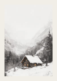 Illustreret bjerghytte med snedækket tag og grantræer-3