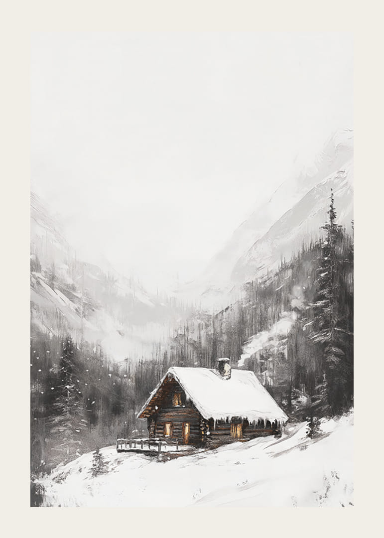 Illustreret bjerghytte med snedækket tag og grantræer-12