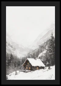 Illustrated mountain cabin with snow-covered roof and fir trees-4