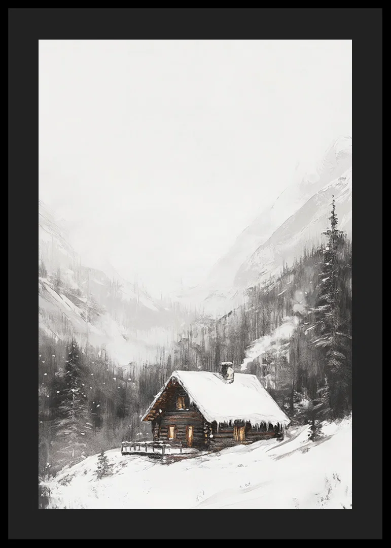 Illustrated mountain cabin with snow-covered roof and fir trees-12