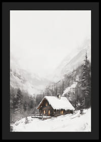 Illustreret bjerghytte med snedækket tag og grantræer-4