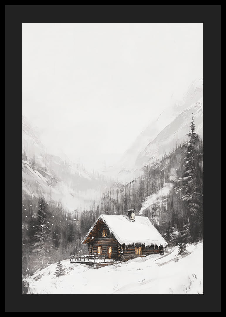 Illustreret bjerghytte med snedækket tag og grantræer-12