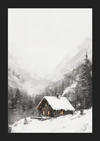 Illustrated mountain cabin with snow-covered roof and fir trees-5