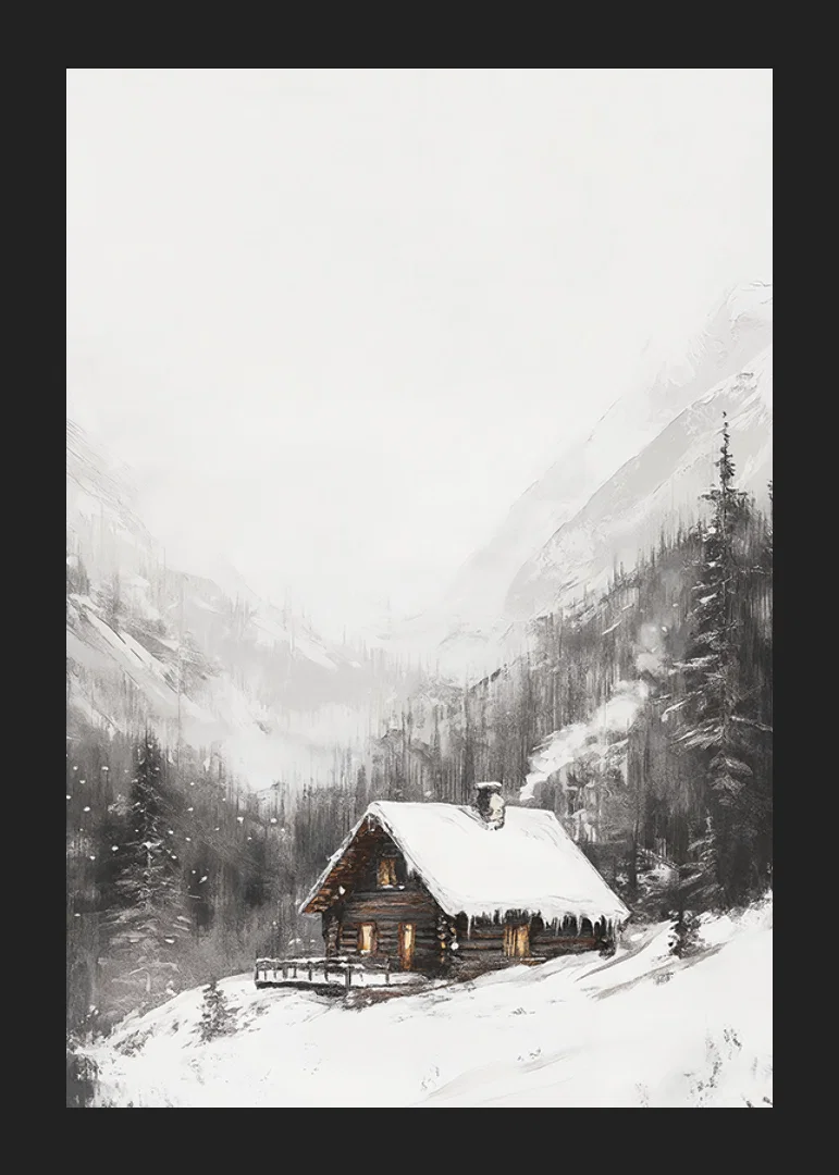 Illustrated mountain cabin with snow-covered roof and fir trees-12